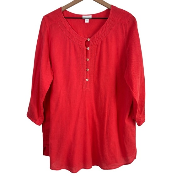J. JILL WOMEN SIZE LARGE PINK ORANGE BUTTON 100% COTTON BLOUSE - Picture 1 of 6